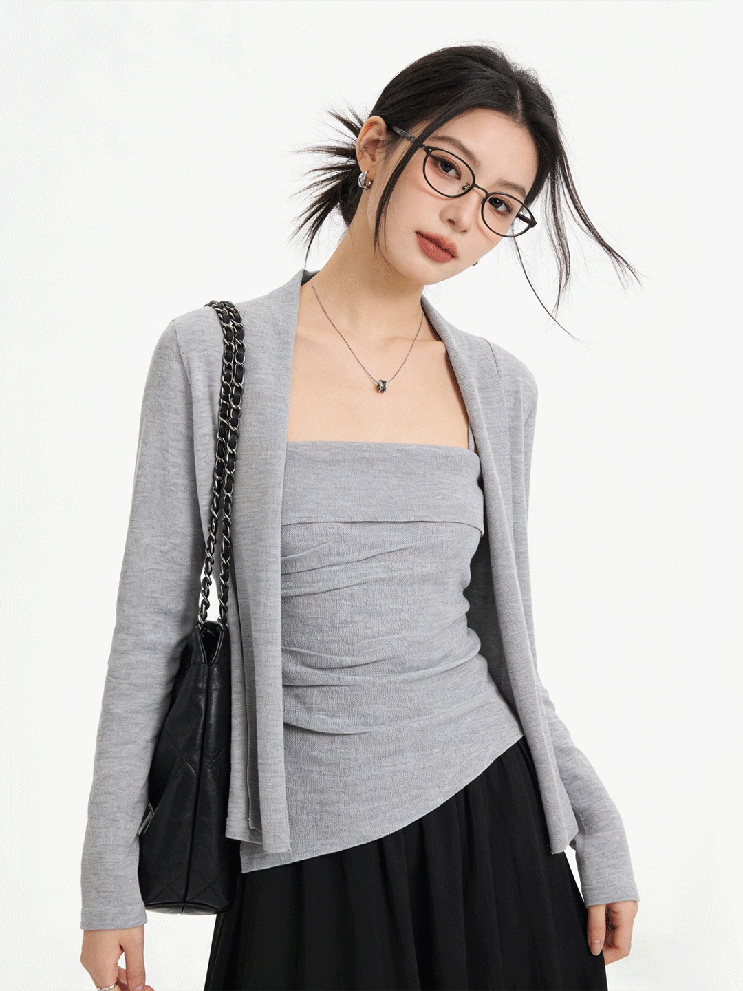 Lifestyle In Korean - Conjunto de Cardigã Curto Tricotado Amigável